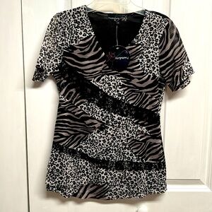 7 Wonders Collage Of Animal Print Ruffle Short Sleeve Mesh Top Size S NWT